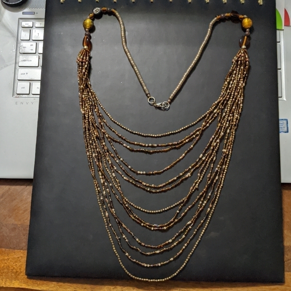 𝅺Brown Cream Neutral Tones Long Beaded Multi Strand Layered Statement Necklace
